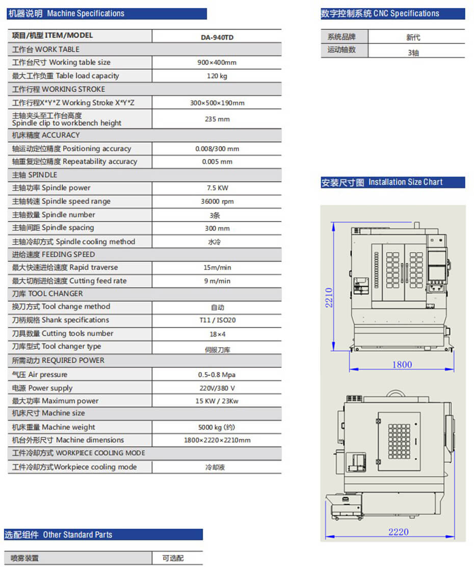 DA-940TD三頭刀庫精雕機(jī)規(guī)格參數(shù)